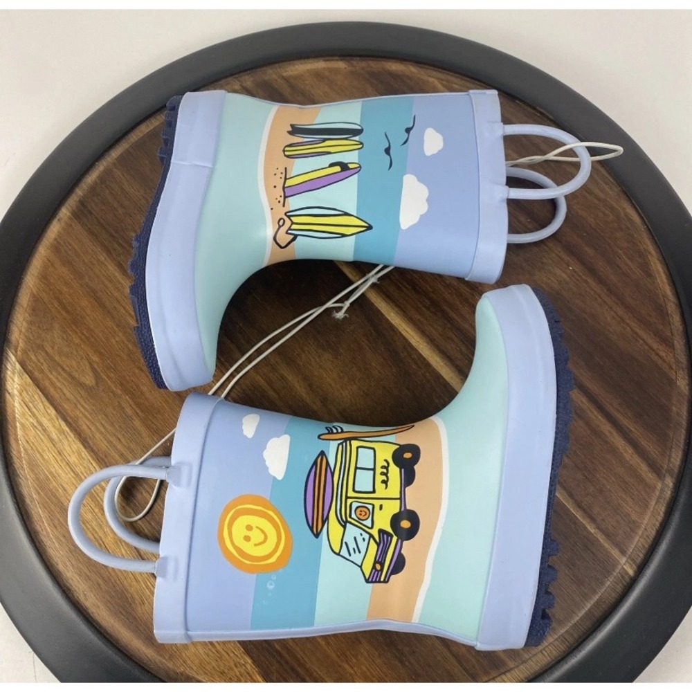 NEW Cat & Jack Rain Boots Kids Size 8 Blue Beach Surfboard Pull On Rubber Boots